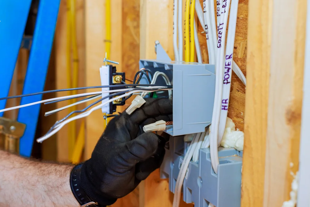 Gloved electrician connecting wires inside a wall-mounted electrical box